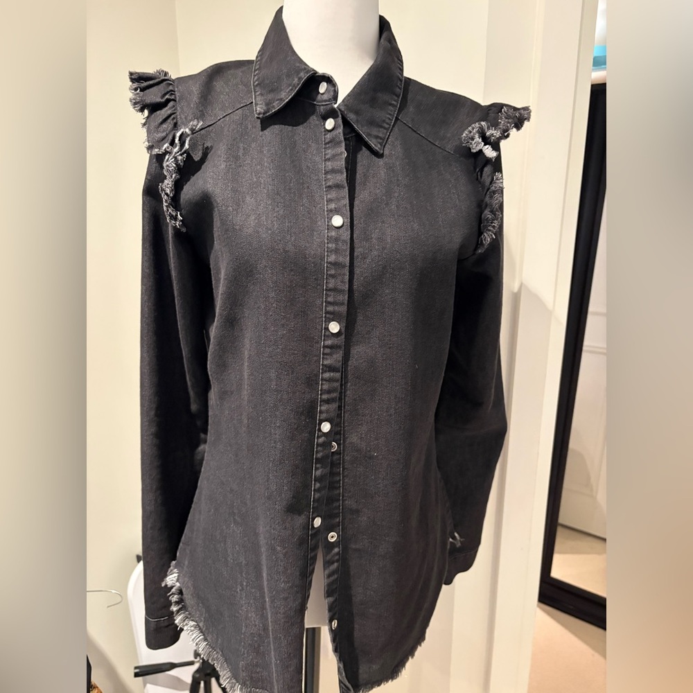 Lolita Black Button Down Shirt with Frayed Accents